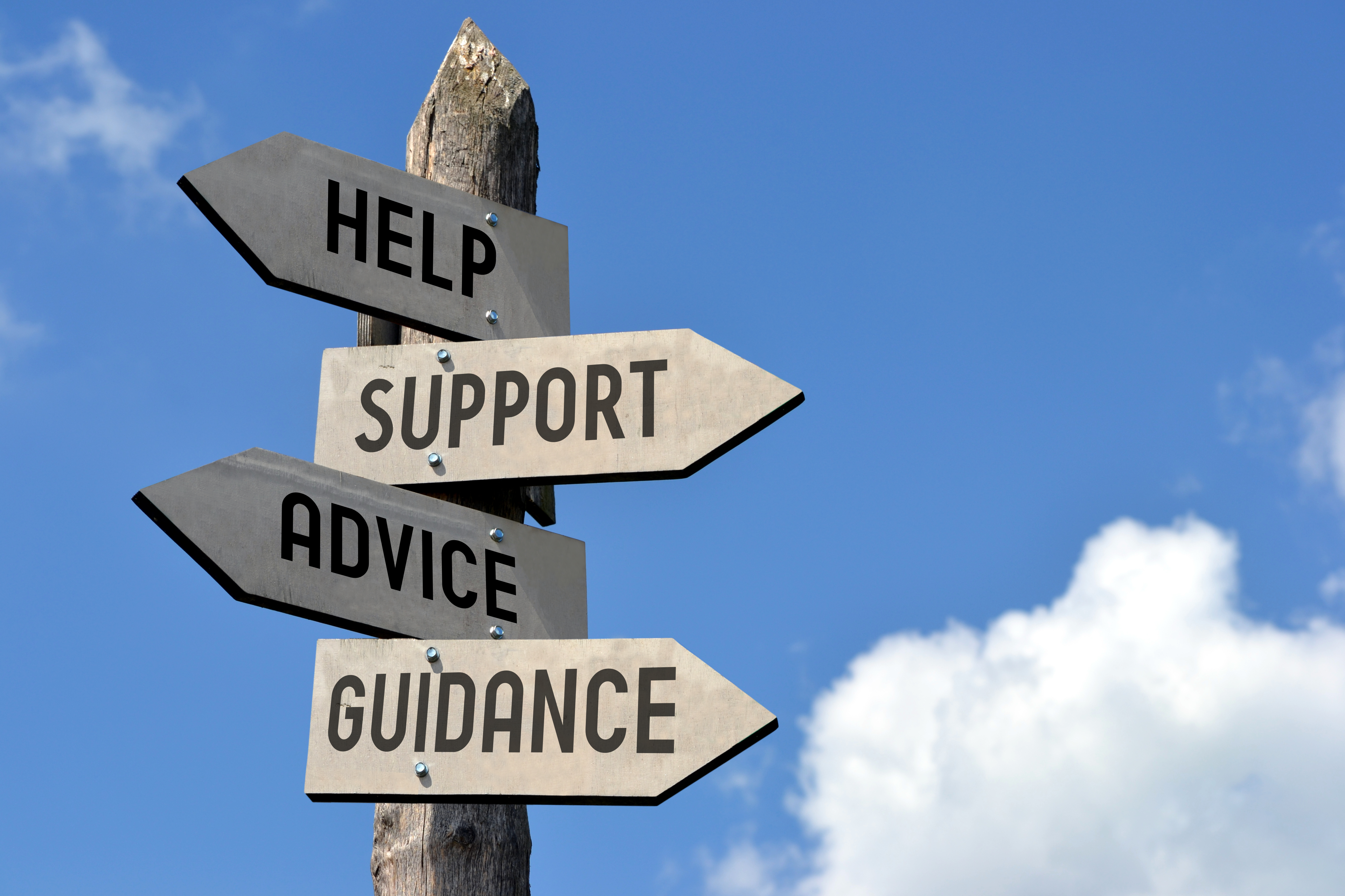 Signpost showing directions for help support advice and guidance
